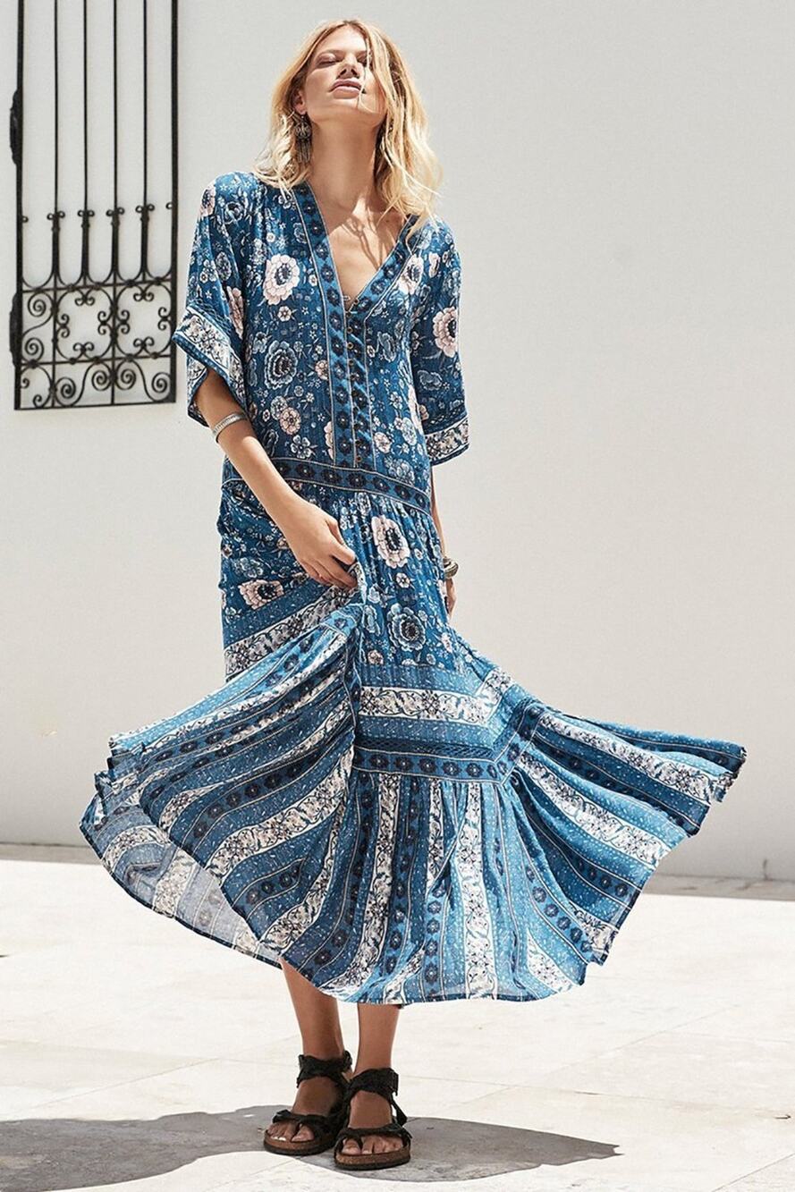 Spell Zahara Midi Dress M Blue Floral Rayon Boho Tiered Button Front